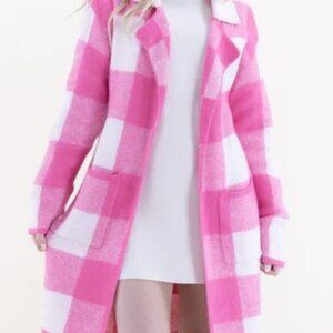 Women's Plaid Knit Coatigan Sweater Jacket Fuchsia Pink with Front Pockets NWT